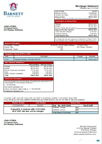 Download Dominica Barnett Capital bank mortgage statement scr Photoshop template